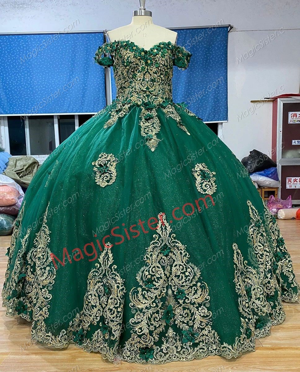 Off the Shoulder Emerald Green and Gold Quinceanera Dress
