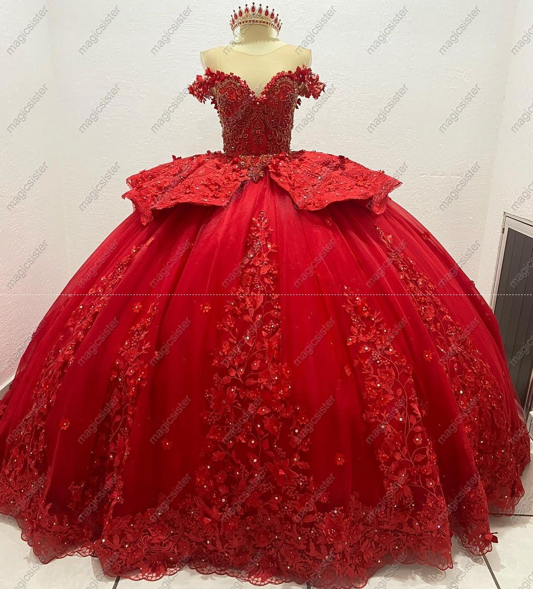 Instock 3D Pearls Embroidered Floral Quinceanera Dress