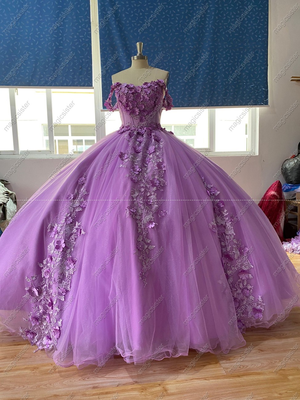 Instock 3D Pearls Embroidered Floral Quinceanera Dress