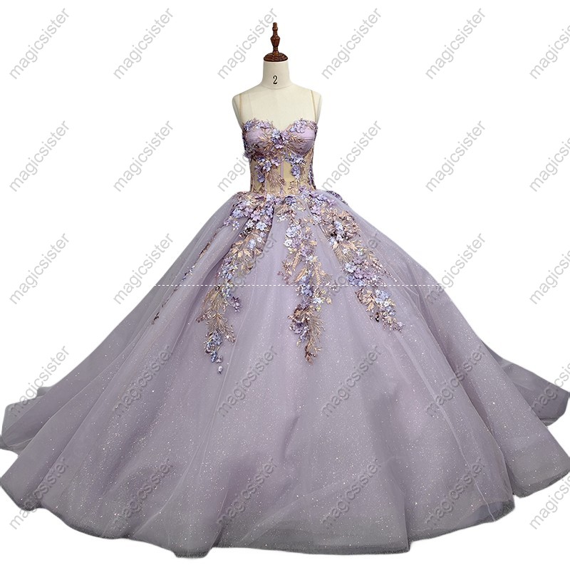 Instock 3D embroidered multi color flower lace Quinceanera Dress