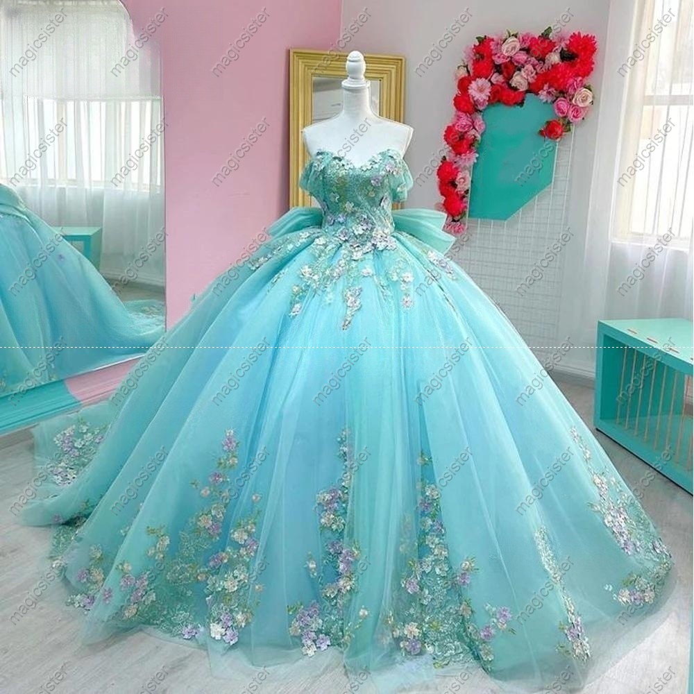 Instock 3D embroidered multi color flower lace Quinceanera Dress