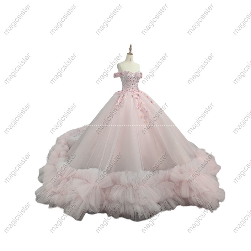 Instock 3D embroidered multi color flower lace Quinceanera Dress