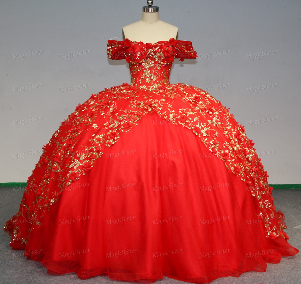Instock Factory Glitter Fabric and 3D Flowers Quinceanera Dress