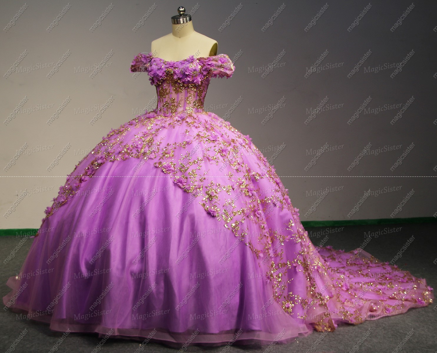 Instock Factory Glitter Fabric and 3D Flowers Quinceanera Dress