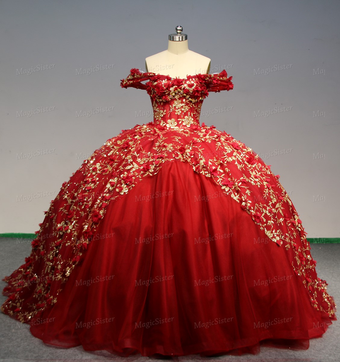 Instock Factory Glitter Fabric and 3D Flowers Quinceanera Dress