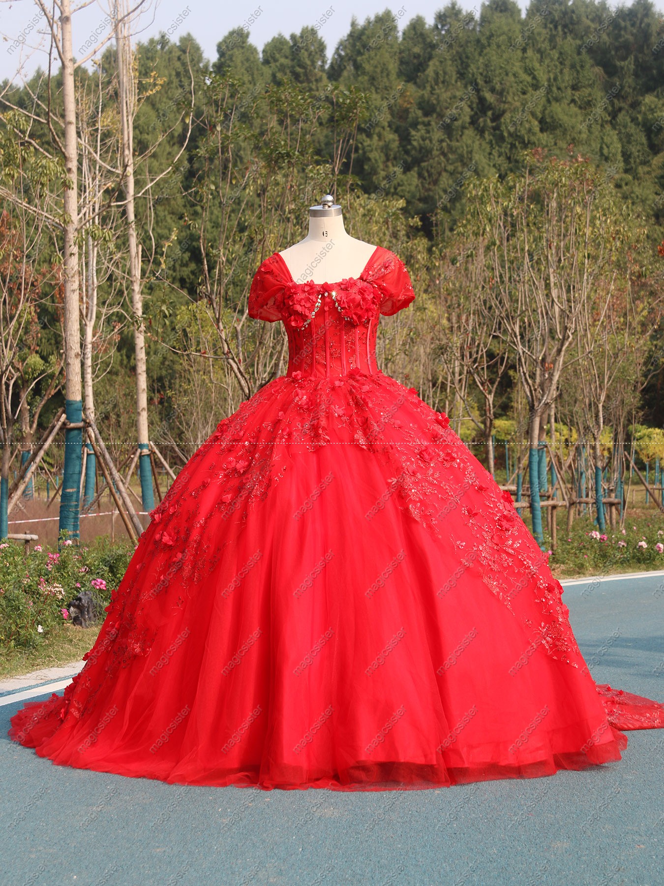 Instock Factory Glitter Fabric and 3D Flowers Quinceanera Dress