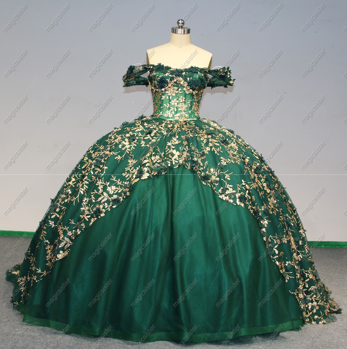 Emerald Green Instock Factory Glitter Fabric and 3D Flowers Quinceanera Dress