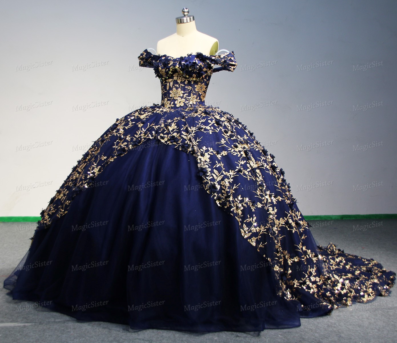 Instock Factory Glitter Fabric and 3D Flowers Quinceanera Dress