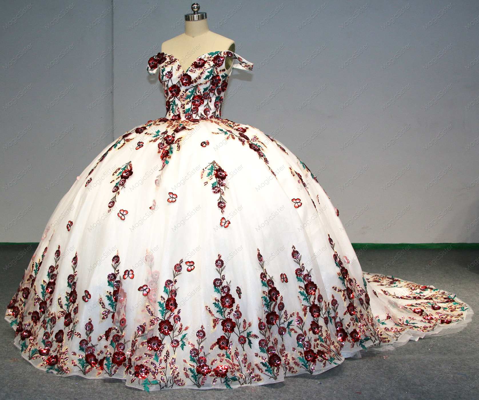 Instock Factory Wholesale Sequined 3D Floral Appliques Quinceanera Dress