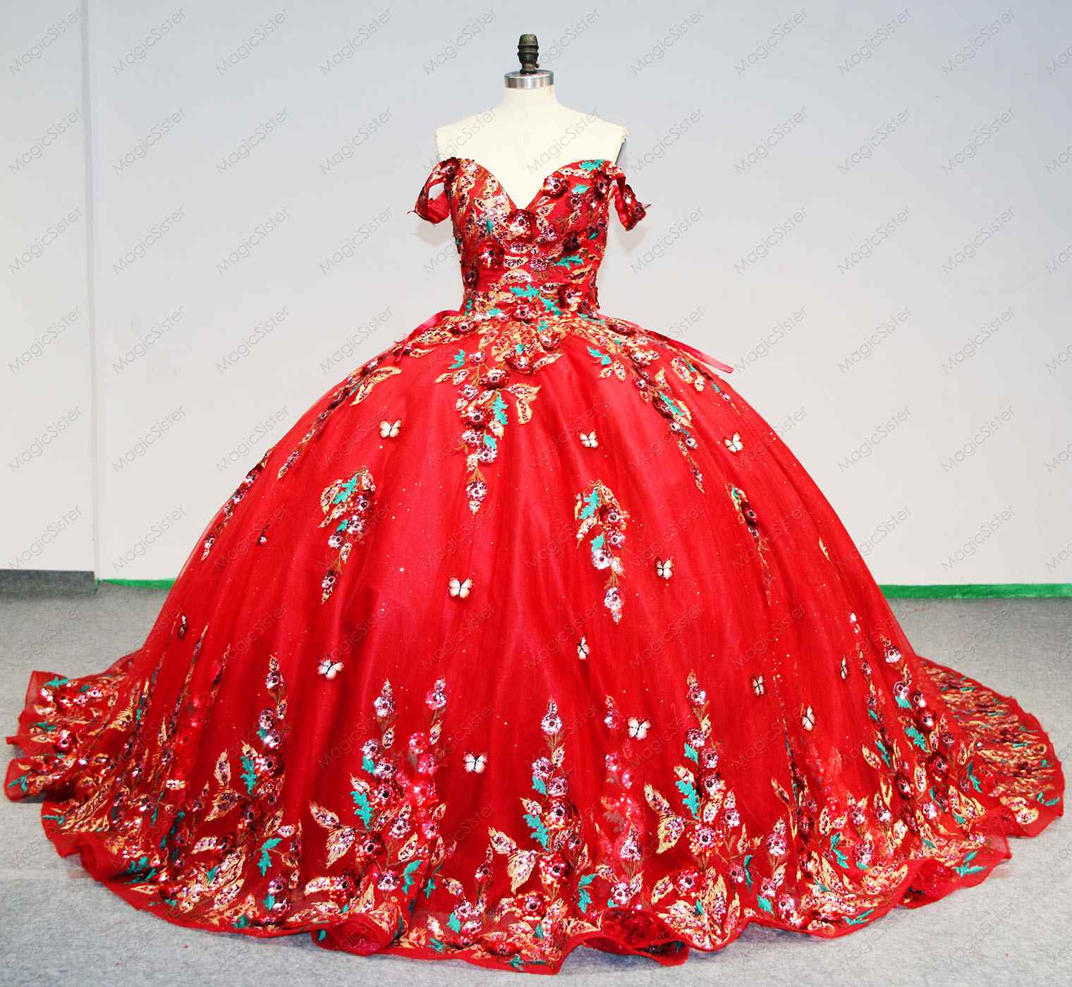 Instock Factory Wholesale Sequined 3D Floral Appliques Quinceanera Dress