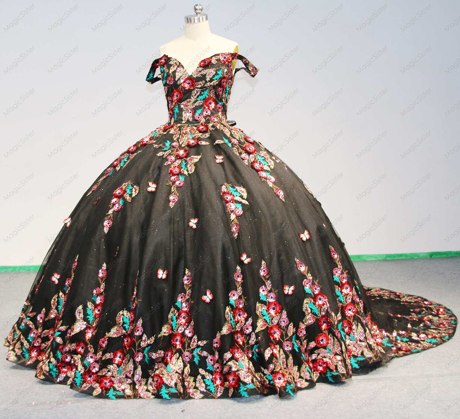 Instock Factory Wholesale Sequined 3D Floral Appliques Quinceanera Dress