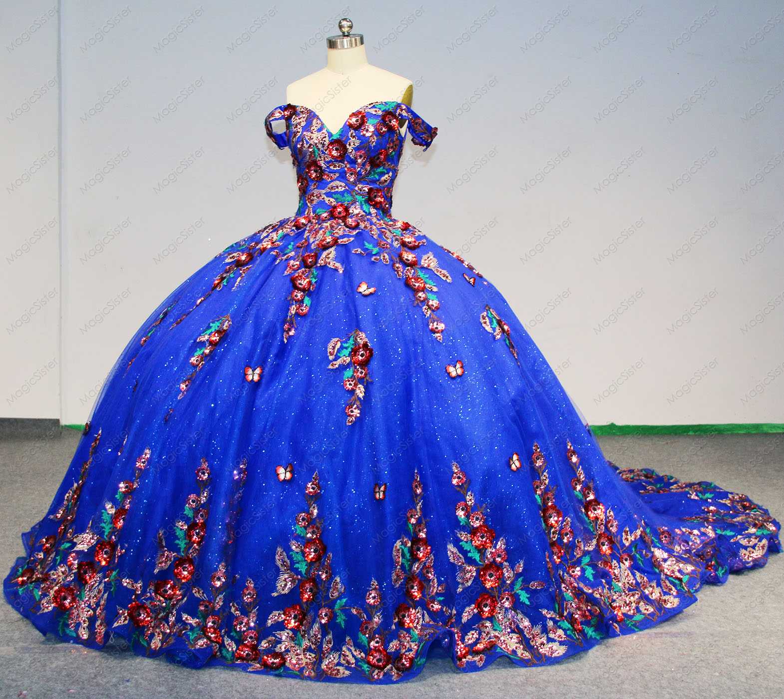 Instock Factory Wholesale Sequined 3D Floral Appliques Quinceanera Dress