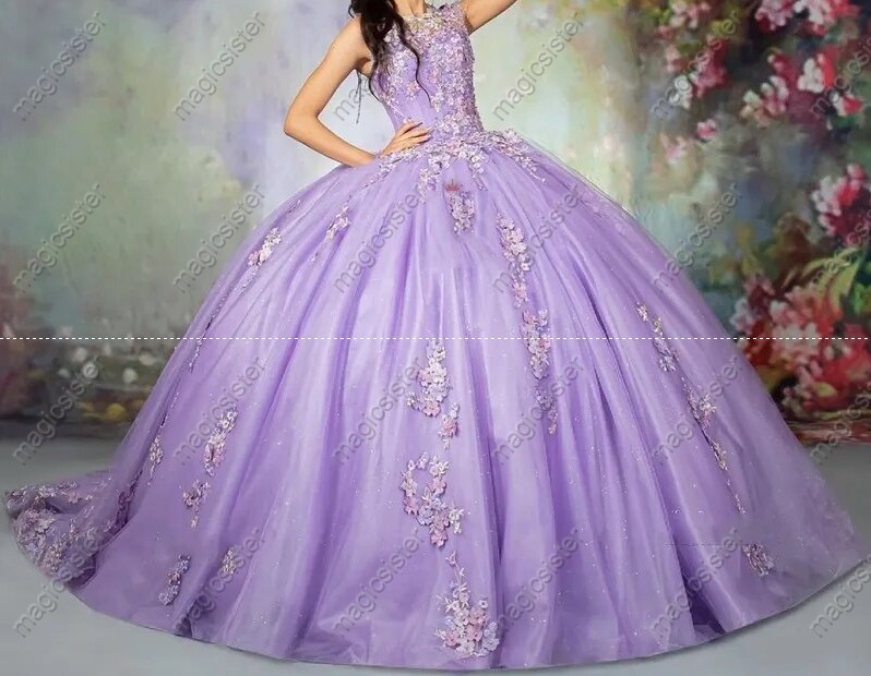 Instock 3D embroidered multi color flower lace Quinceanera Dress