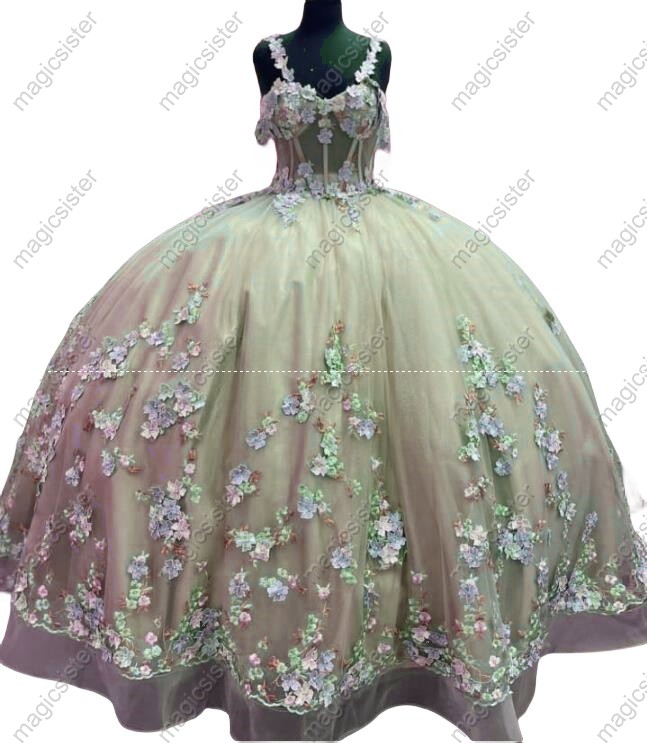 Instock 3D embroidered multi color flower lace Quinceanera Dress