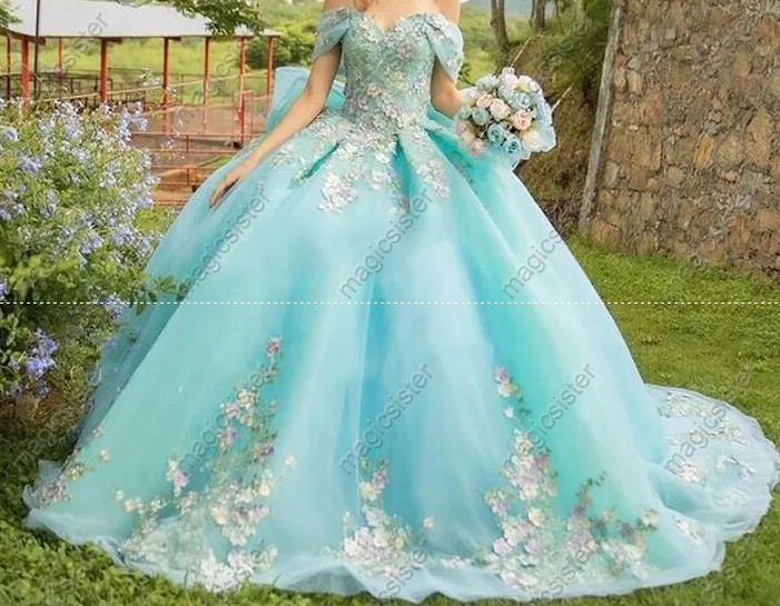 Instock 3D embroidered multi color flower lace Quinceanera Dress