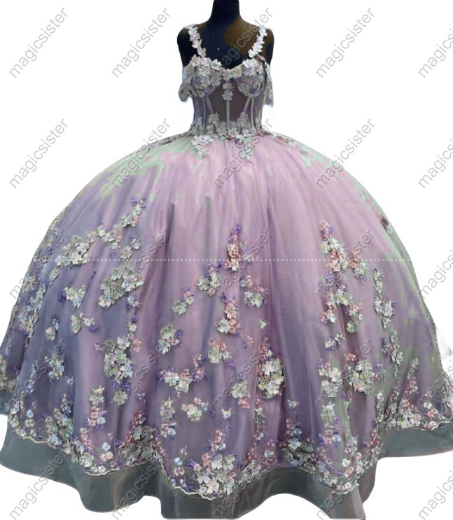 Instock 3D embroidered multi color flower lace Quinceanera Dress