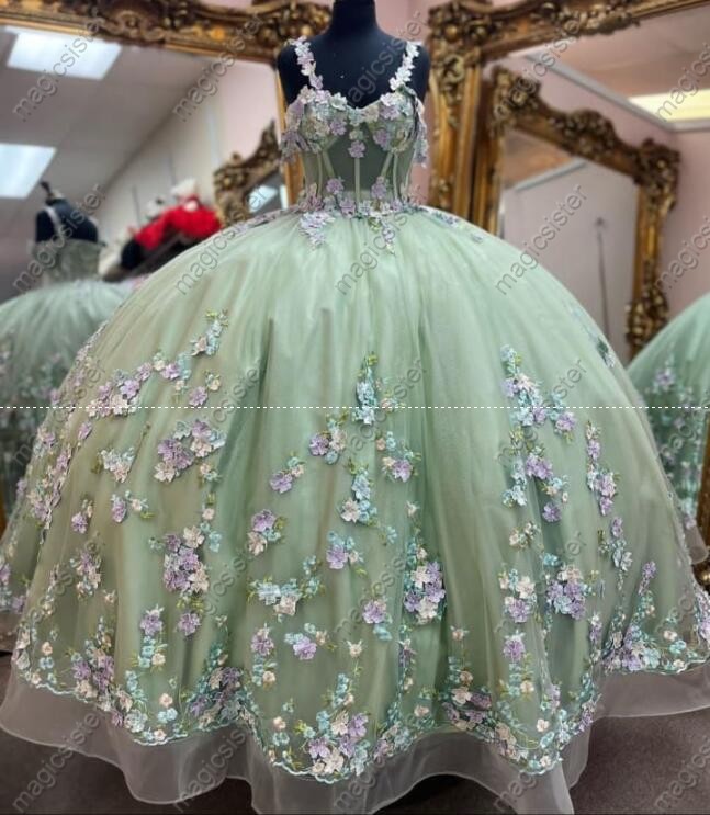 Instock 3D embroidered multi color flower lace Quinceanera Dress