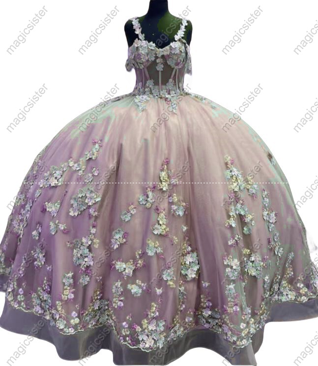 Instock 3D embroidered multi color flower lace Quinceanera Dress