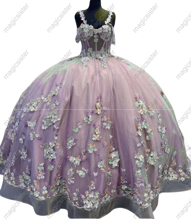 Instock 3D embroidered multi color flower lace Quinceanera Dress