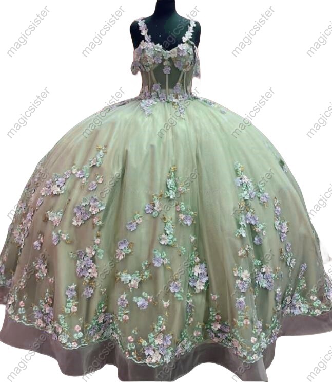 Instock 3D embroidered multi color flower lace Quinceanera Dress