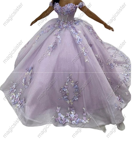 Instock 3D embroidered multi color flower lace Quinceanera Dress
