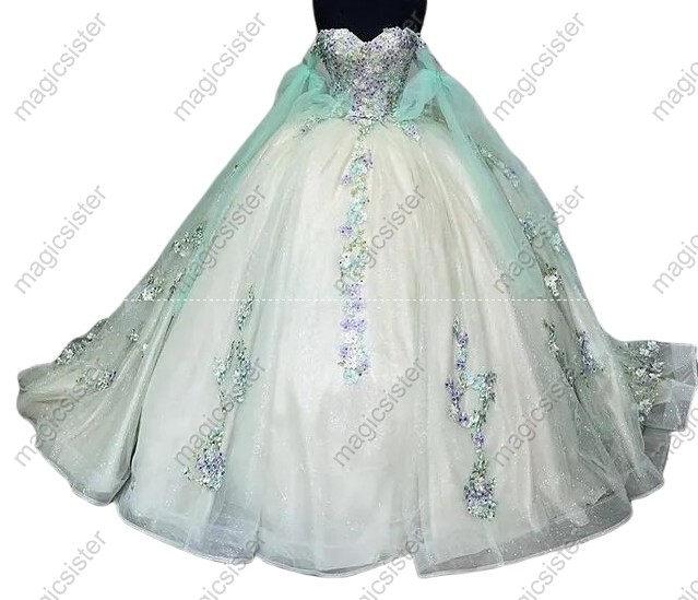Instock 3D embroidered multi color flower lace Quinceanera Dress