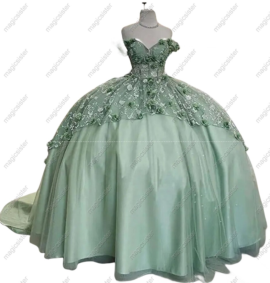 Instock Factory Glitter Fabric and 3D Flowers Quinceanera Dress