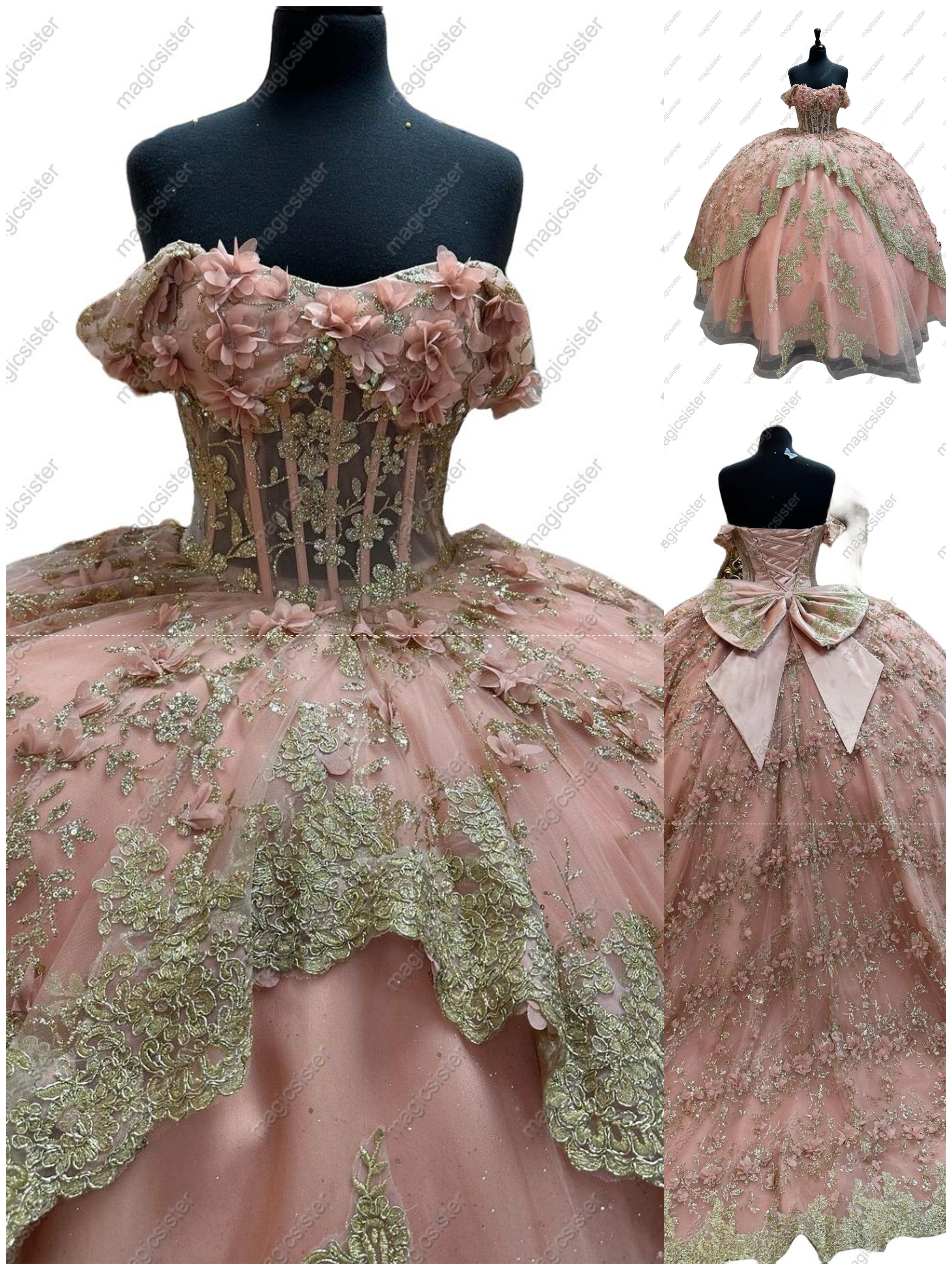 Instock Factory Glitter Fabric and 3D Flowers Quinceanera Dress