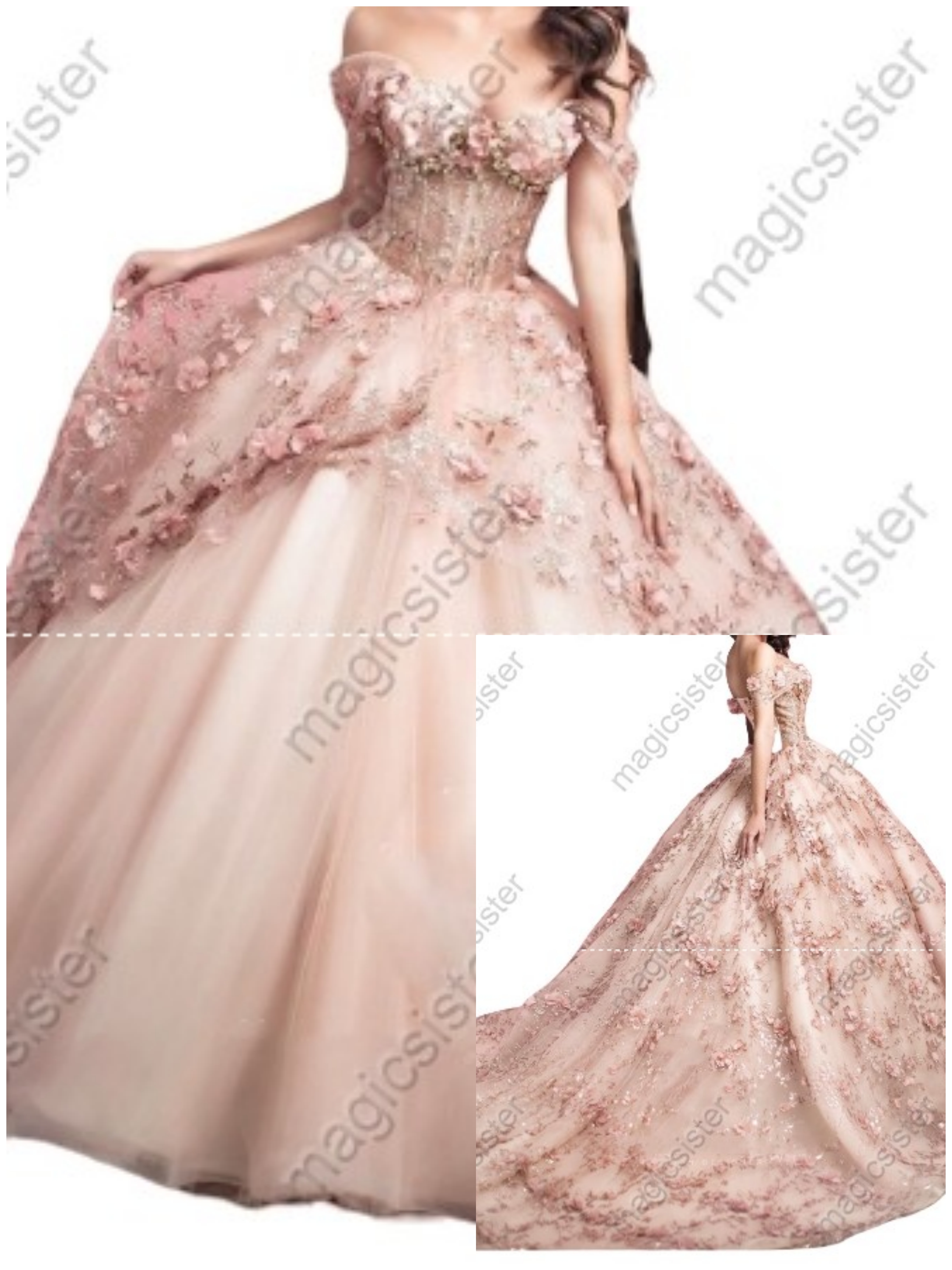 Blush Instock Factory Glitter Fabric and 3D Flowers Quinceanera Dress