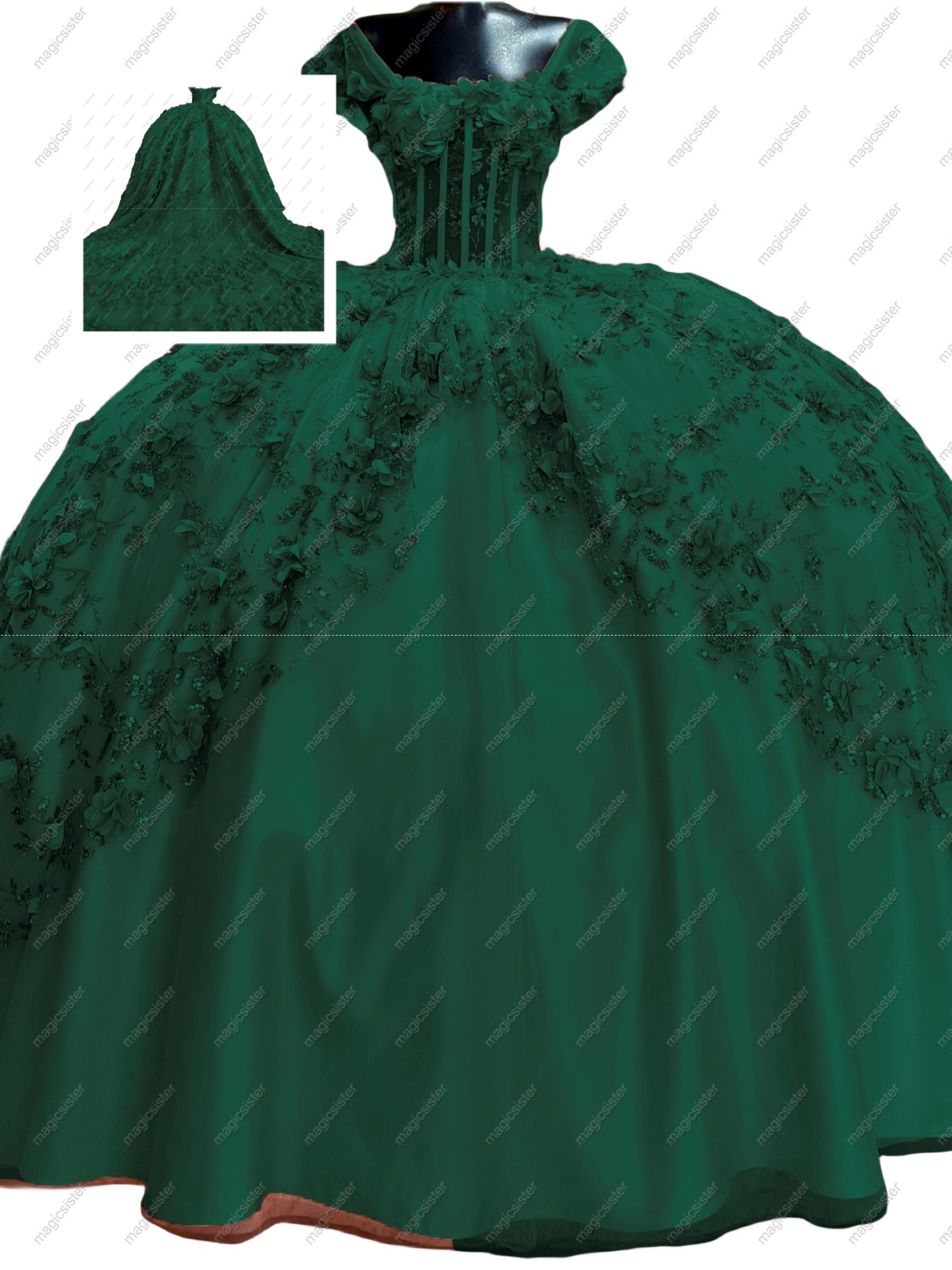 Emerald Green Instock Factory Glitter Fabric and 3D Flowers Quinceanera Dress