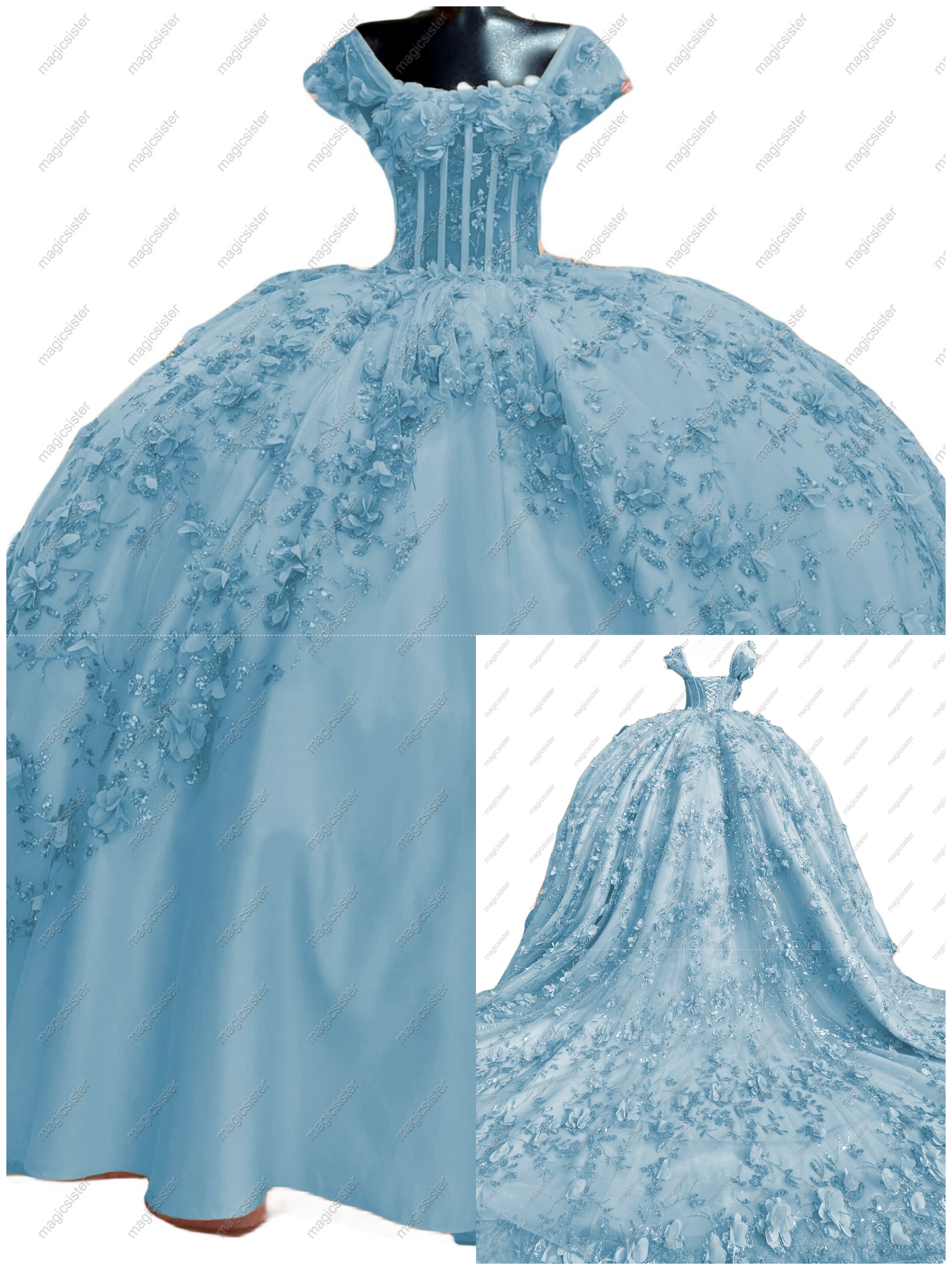 Instock Factory Glitter Fabric and 3D Flowers Quinceanera Dress