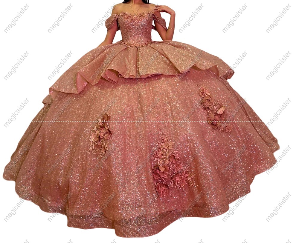 Instock Glitter 3D Floral Appliques Quinceanera Dress