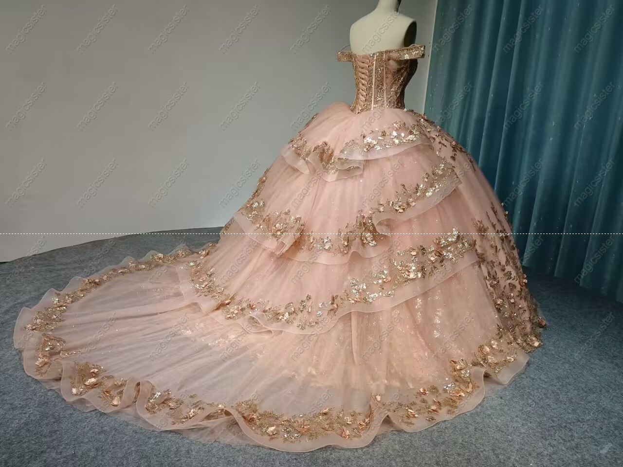 Blush Instock Factory Glitter Fabric and 3D Flowers Quinceanera Dress