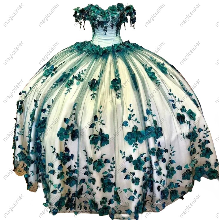 Emerald Green Luxury 3D Flower Factory Wholesale Quinceanera Dress