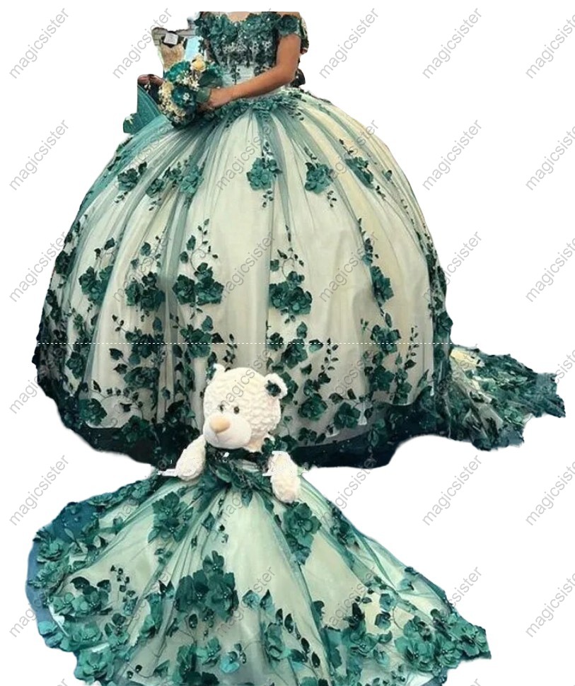 Emerald Green Luxury 3D Flower Factory Wholesale Quinceanera Dress