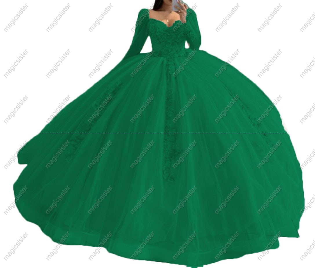 Emerald Green Factory Wholesale Glitter Floral Appliques Quinceanera Dress