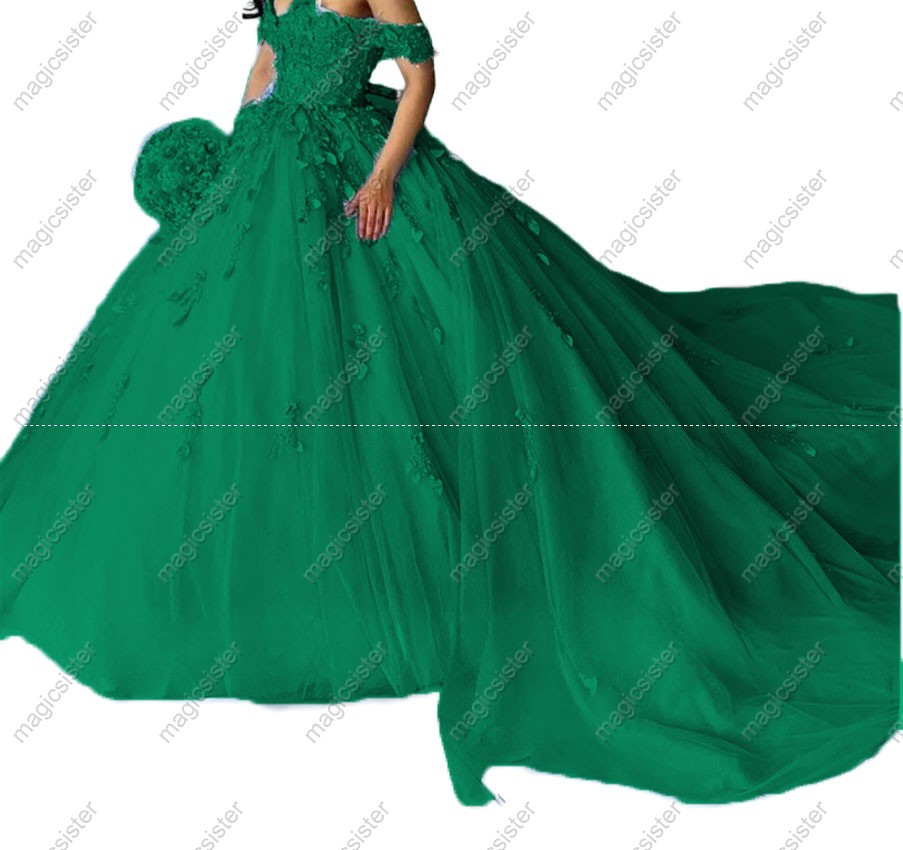 Emerald Green Factory Wholesale Glitter Floral Appliques Quinceanera Dress