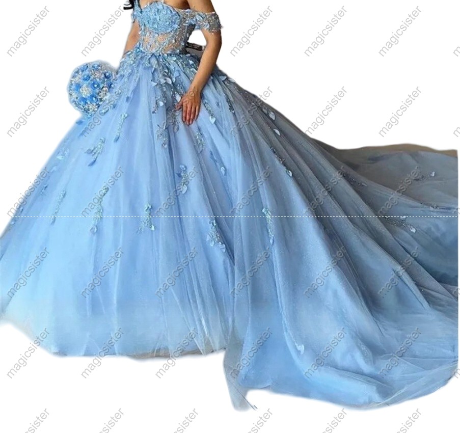 Factory Wholesale Glitter Floral Appliques Quinceanera Dress