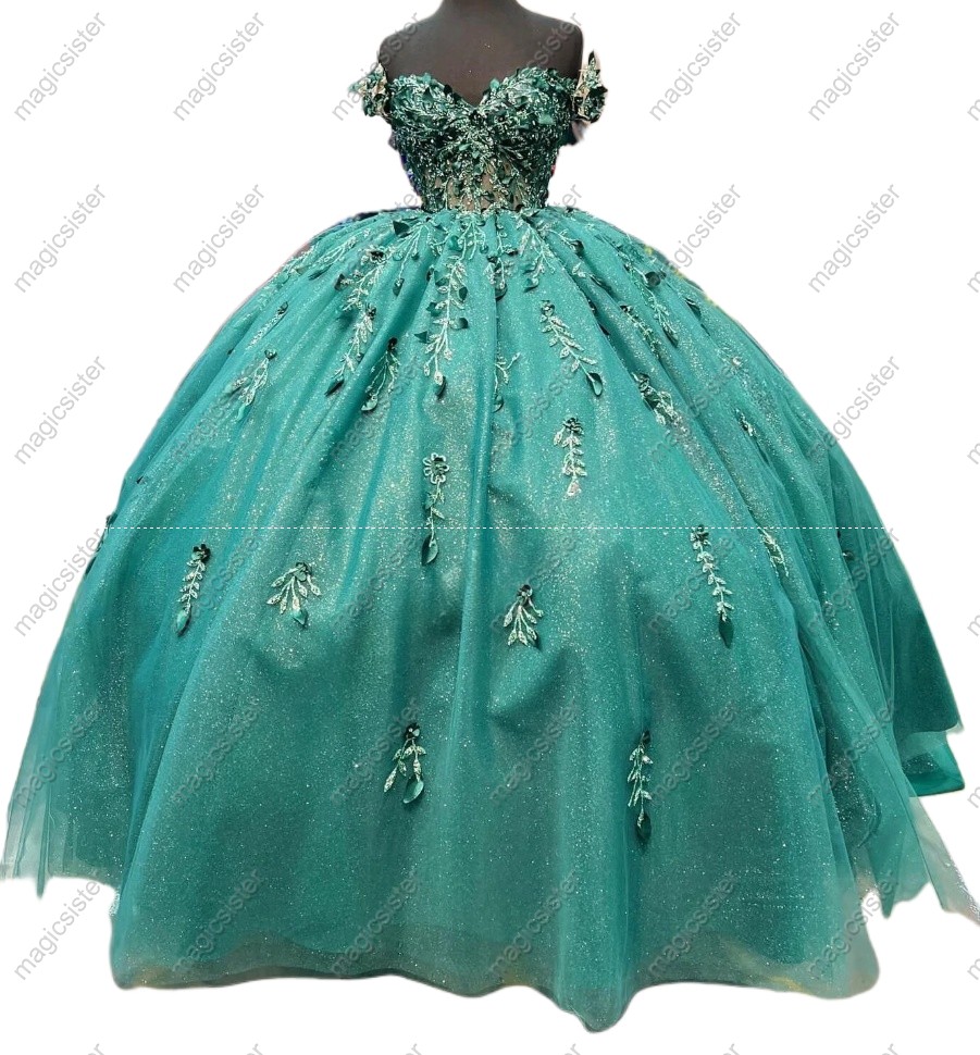 Factory Wholesale Glitter Floral Appliques Quinceanera Dress