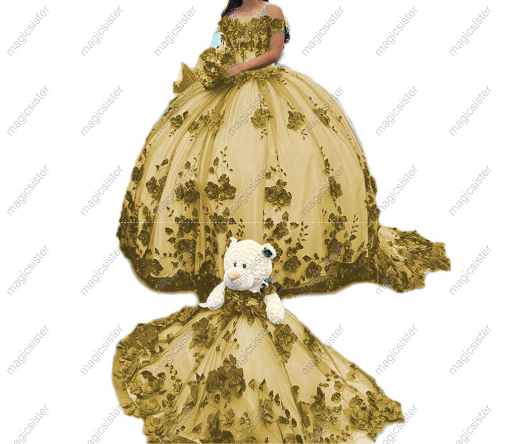 Princess Quinceanera Dresses 3D Flowers Beads Applique Lace up corset Sweet 15 Dress with bear Party Wear