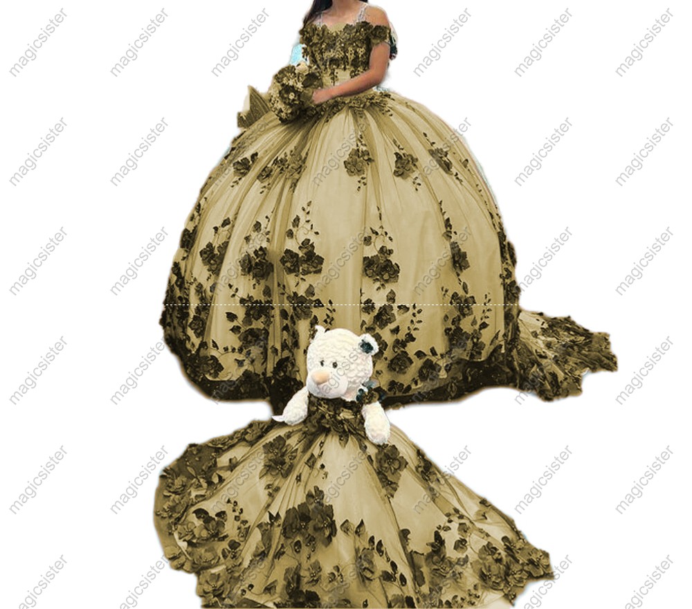 Princess Quinceanera Dresses 3D Flowers Beads Applique Lace up corset Sweet 15 Dress with bear Party Wear