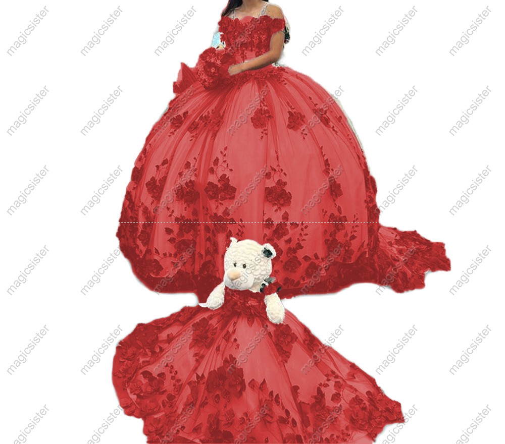 Princess Quinceanera Dresses 3D Flowers Beads Applique Lace up corset Sweet 15 Dress with bear Party Wear