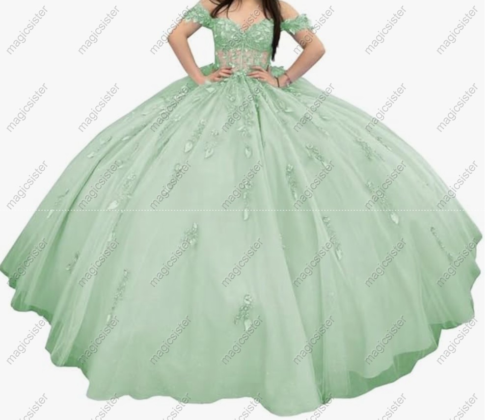 Sage Factory Wholesale Glitter Floral Appliques Quinceanera Dress
