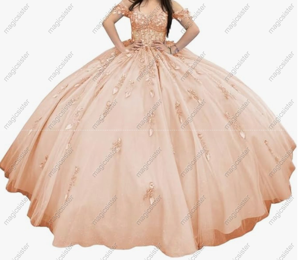 Factory Wholesale Glitter Floral Appliques Quinceanera Dress