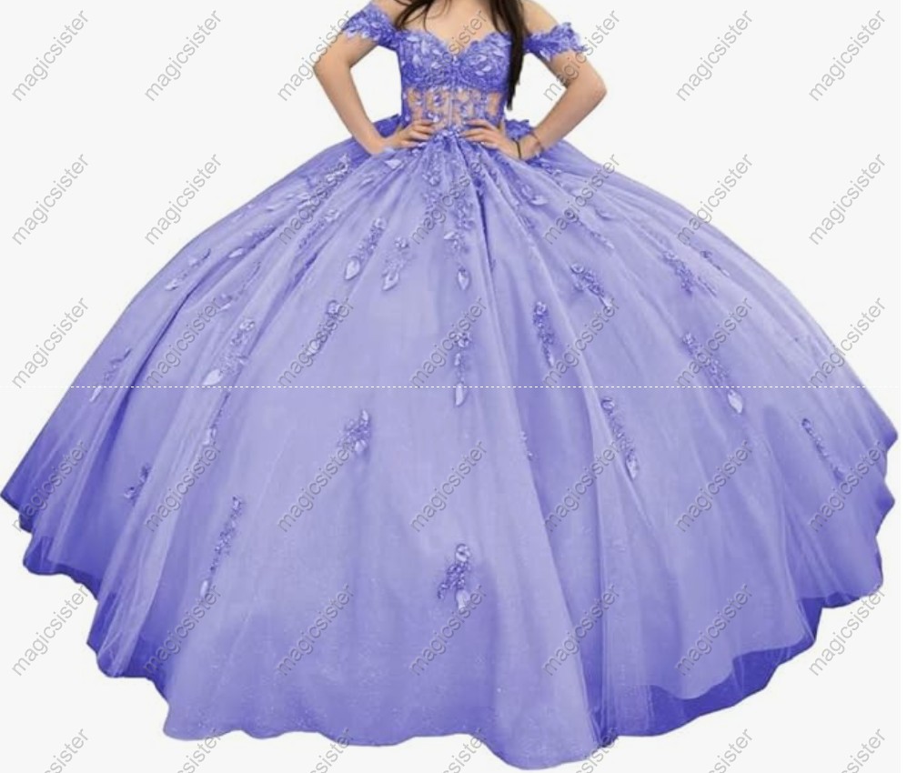 Factory Wholesale Glitter Floral Appliques Quinceanera Dress