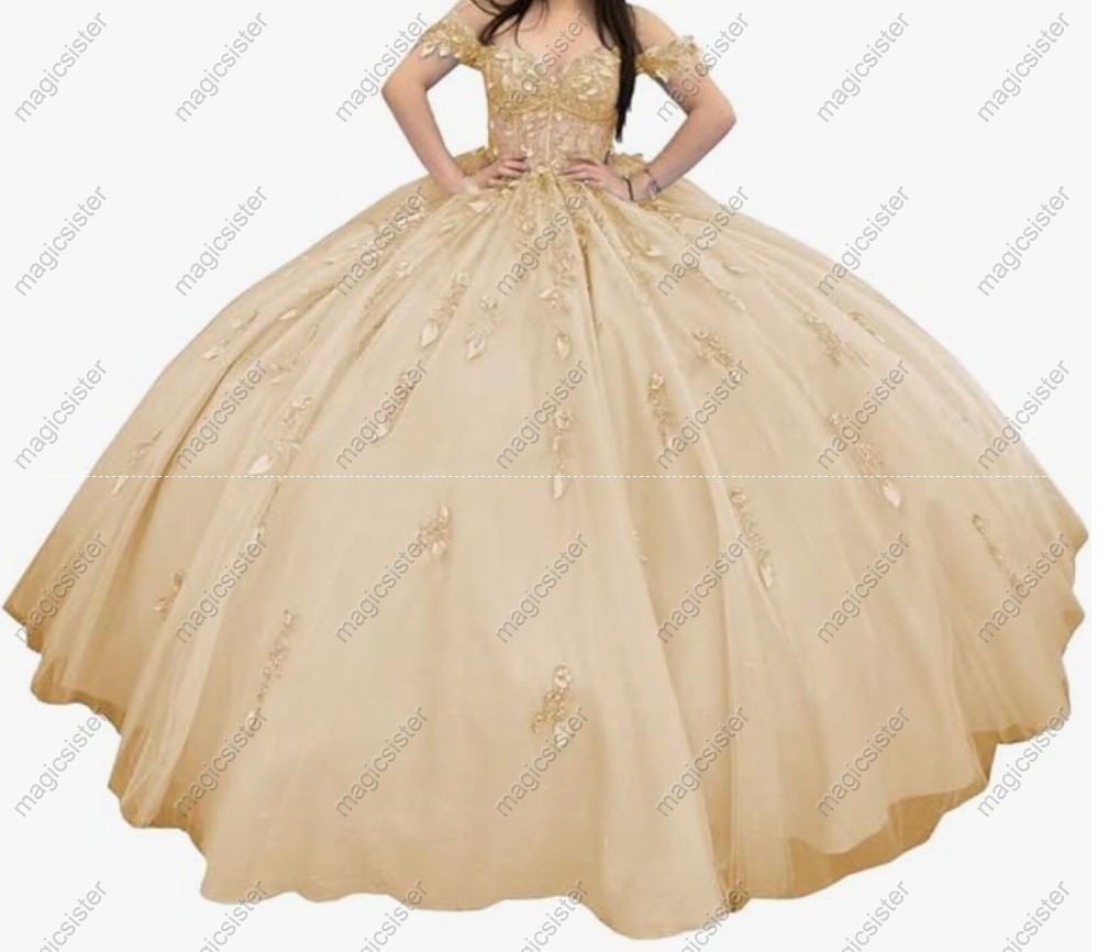 Factory Wholesale Glitter Floral Appliques Quinceanera Dress