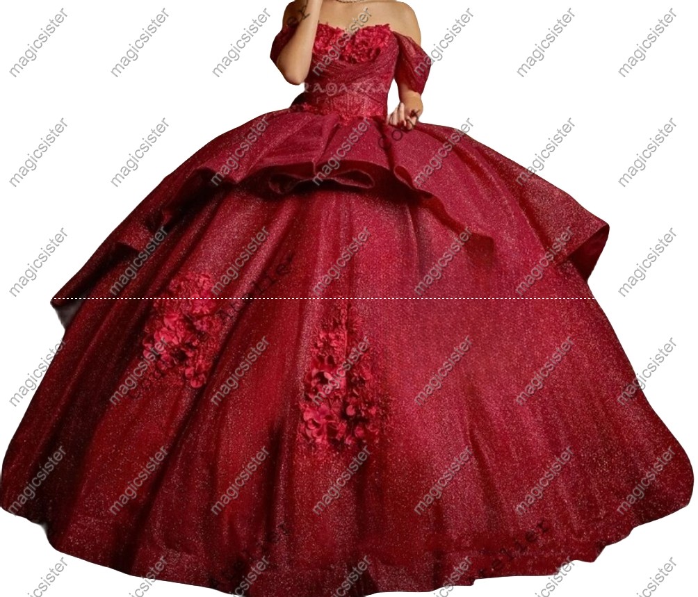 Factory wholesale Instock Glitter 3D Floral Appliques Quinceanera Dress