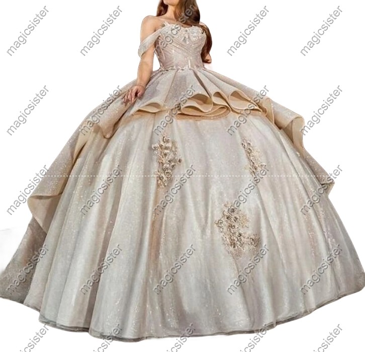 Factory wholesale Instock Glitter 3D Floral Appliques Quinceanera Dress
