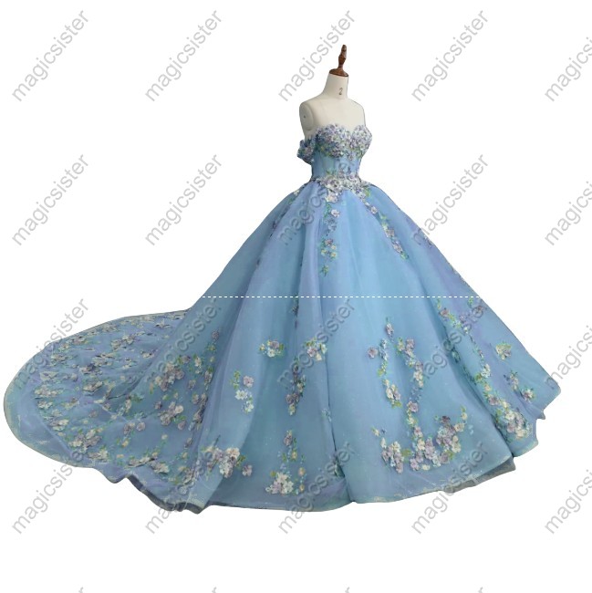 Instock 3D embroidered multi color flower lace Quinceanera Dress