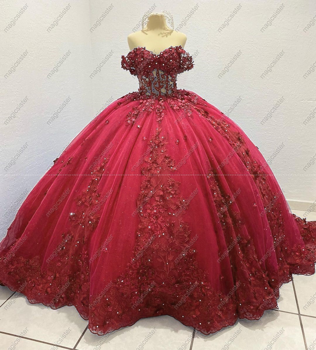Instock 3D Pearls Embroidered Floral Quinceanera Dress
